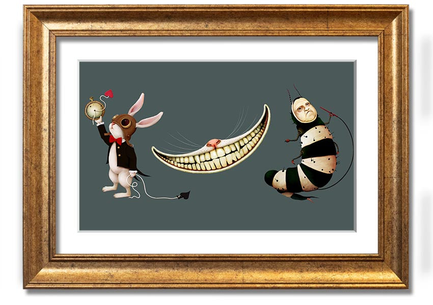 Framed print of Alice In Wonderland featuring a rabbit, cat, and caterpillar, handmade in the UK.