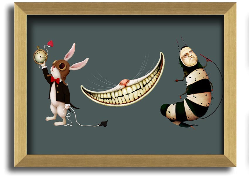 Framed print of Alice In Wonderland featuring a rabbit, cat, and caterpillar, handmade in the UK.