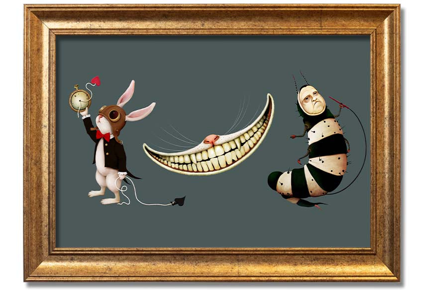 Framed print of Alice In Wonderland featuring a rabbit, cat, and caterpillar, handmade in the UK.