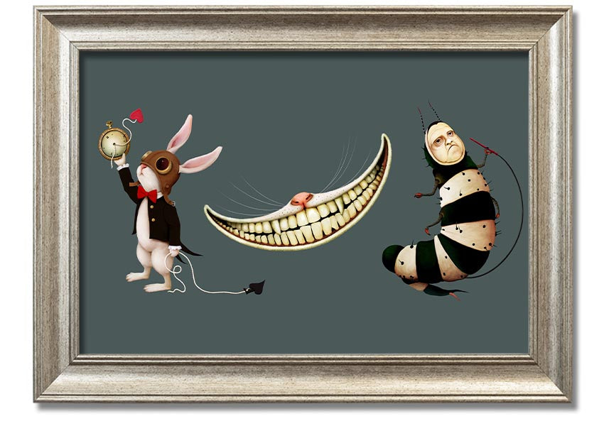 Framed print of Alice In Wonderland featuring a rabbit, cat, and caterpillar, handmade in the UK.