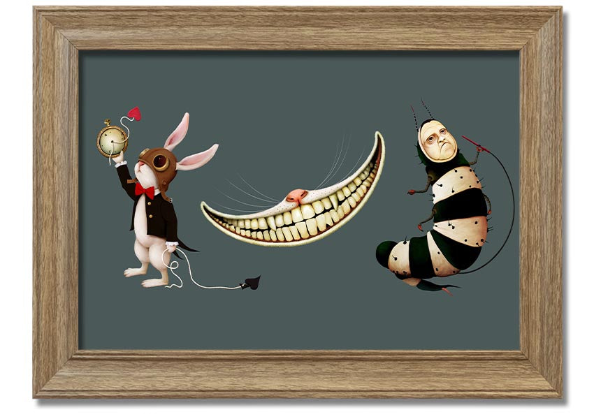 Framed print of Alice In Wonderland featuring a rabbit, cat, and caterpillar, handmade in the UK.