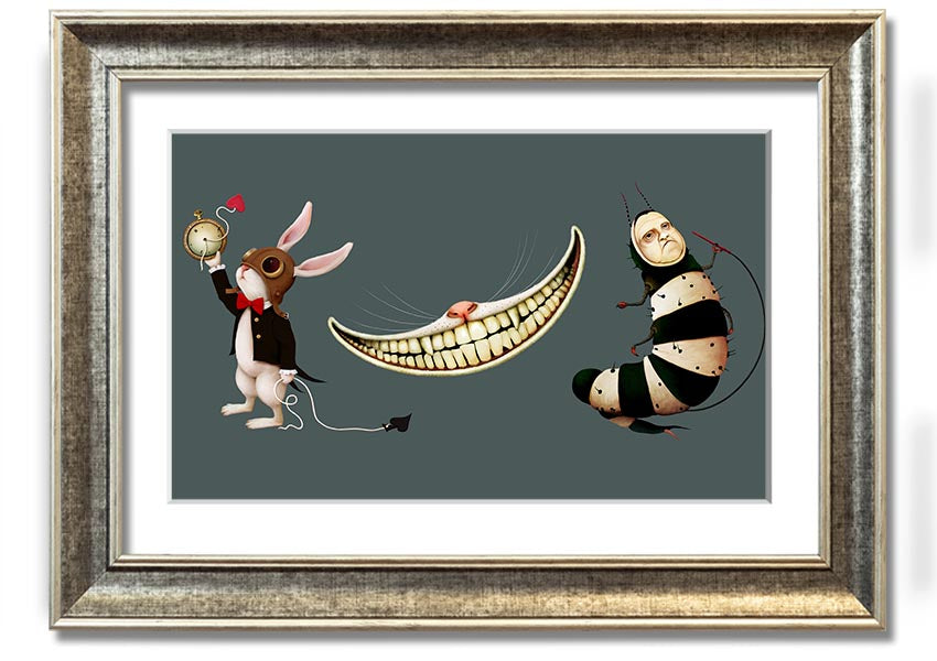 Framed print of Alice In Wonderland featuring a rabbit, cat, and caterpillar, handmade in the UK.