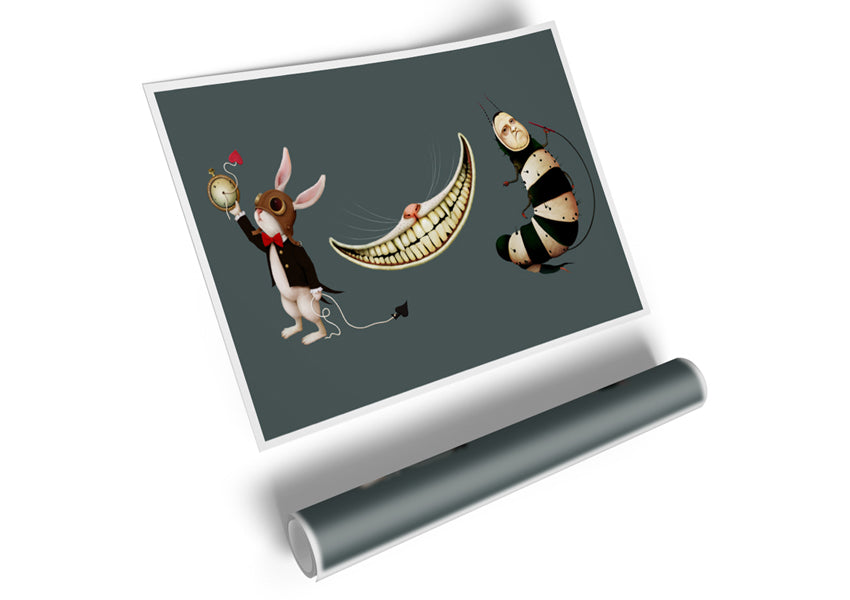 A colorful canvas poster featuring the Rabbit, Cat, and Caterpillar from Alice In Wonderland, showcasing whimsical art style.