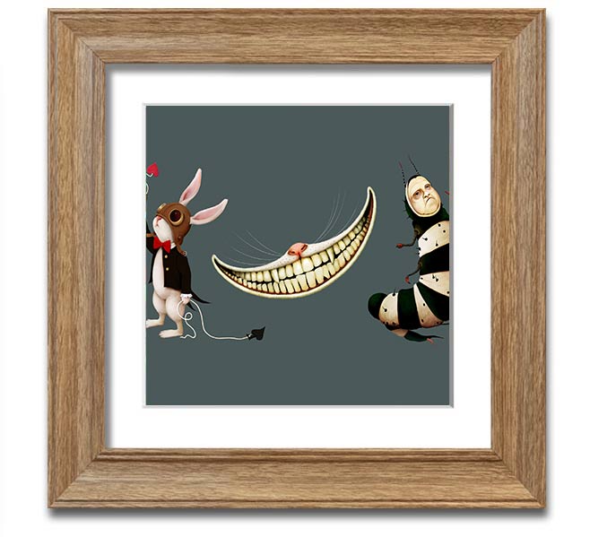 A square framed print featuring the Rabbit, Cat, and Caterpillar from Alice In Wonderland, showcasing vibrant colors and whimsical design.