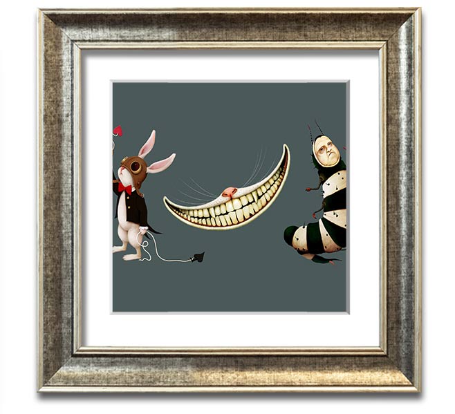 A square framed print featuring the Rabbit, Cat, and Caterpillar from Alice In Wonderland, showcasing vibrant colors and whimsical design.
