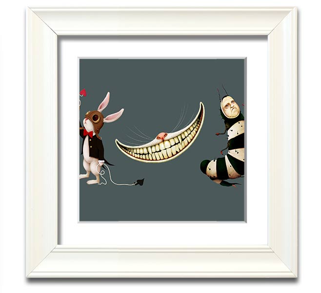 A square framed print featuring the Rabbit, Cat, and Caterpillar from Alice In Wonderland, showcasing vibrant colors and whimsical design.