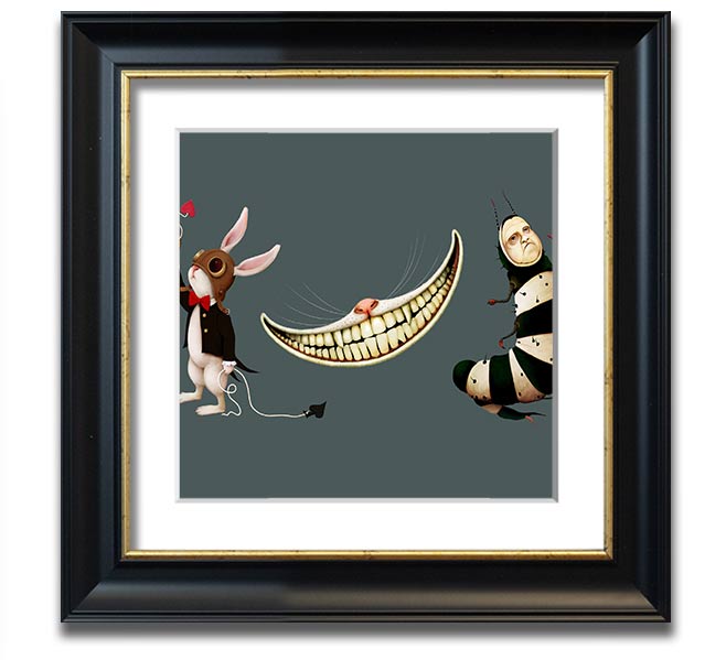 A square framed print featuring the Rabbit, Cat, and Caterpillar from Alice In Wonderland, showcasing vibrant colors and whimsical design.