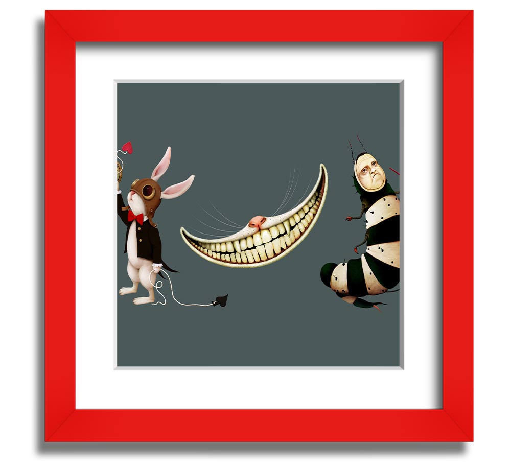 A square framed print featuring the Rabbit, Cat, and Caterpillar from Alice In Wonderland, showcasing vibrant colors and whimsical design.