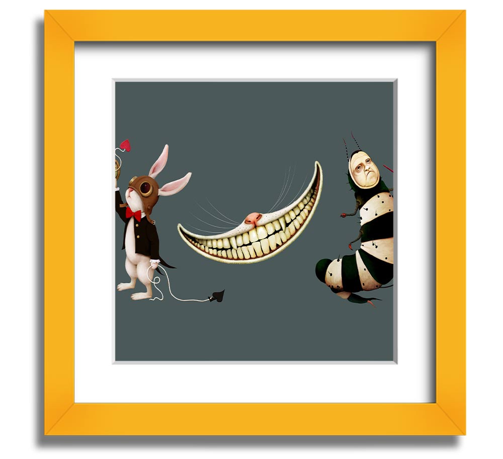 A square framed print featuring the Rabbit, Cat, and Caterpillar from Alice In Wonderland, showcasing vibrant colors and whimsical design.