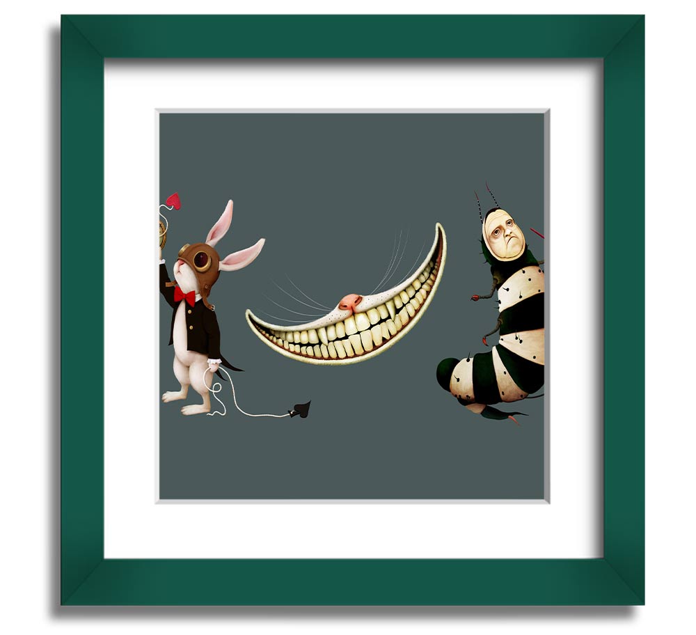 A square framed print featuring the Rabbit, Cat, and Caterpillar from Alice In Wonderland, showcasing vibrant colors and whimsical design.