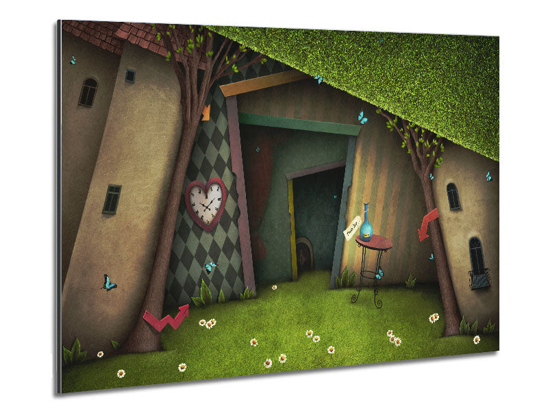 Alice In Wonderland The Small Door artwork printed on brushed aluminium dibond, featuring vibrant colors and a whimsical design.