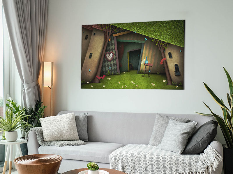 Alice In Wonderland The Small Door artwork printed on brushed aluminium dibond, featuring vibrant colors and a whimsical design.