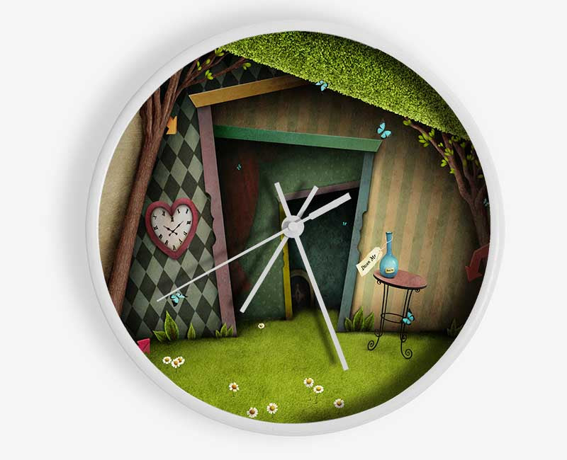 Alice In Wonderland themed clock made from natural bamboo with a round face and clear Plexiglas lens, available in black, white, and natural frame colors.