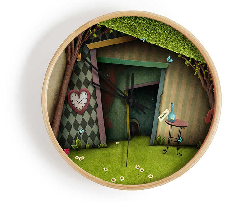 Alice In Wonderland themed clock made from natural bamboo with a round face and clear Plexiglas lens, available in black, white, and natural frame colors.