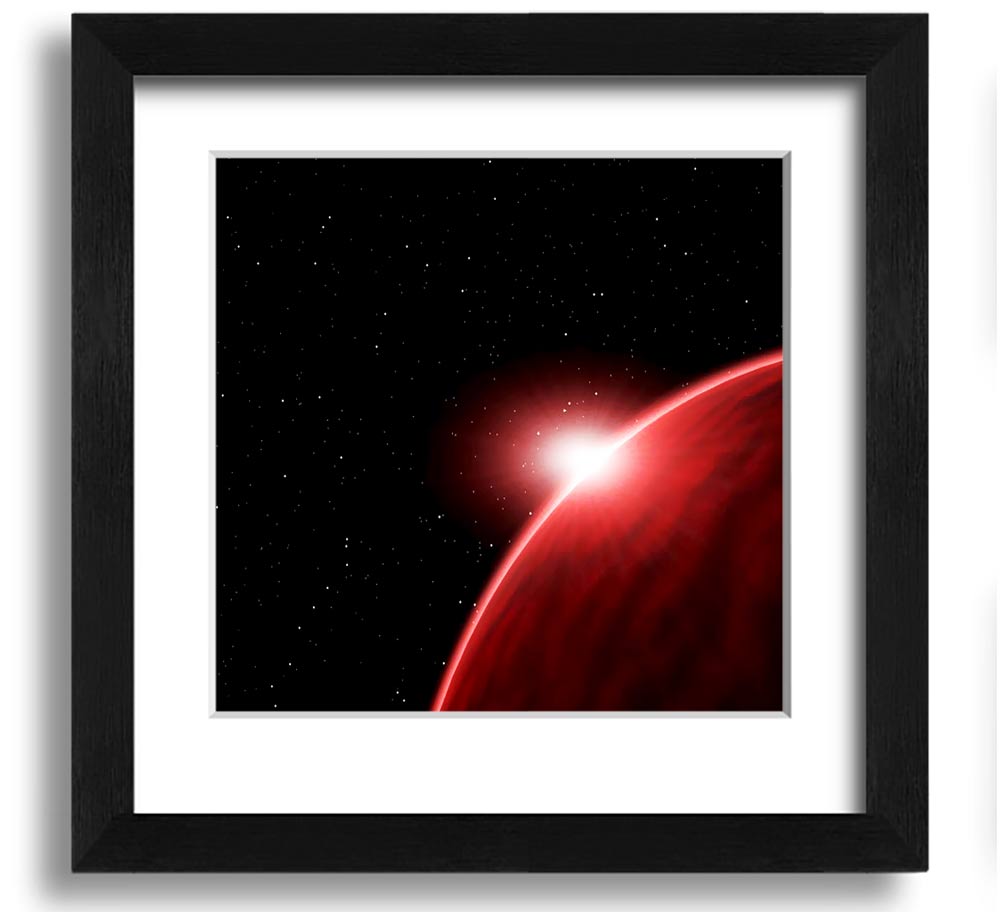 A vibrant Alien Sunrise Square Framed Print showcasing colorful alien landscapes, framed in a stylish border.