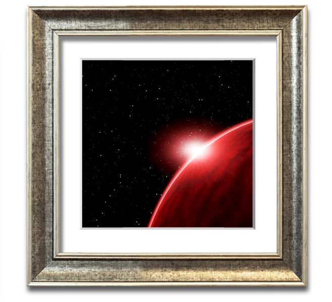 A vibrant Alien Sunrise Square Framed Print showcasing colorful alien landscapes, framed in a stylish border.