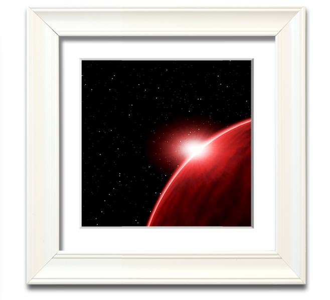 A vibrant Alien Sunrise Square Framed Print showcasing colorful alien landscapes, framed in a stylish border.