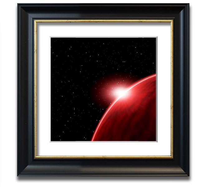 A vibrant Alien Sunrise Square Framed Print showcasing colorful alien landscapes, framed in a stylish border.