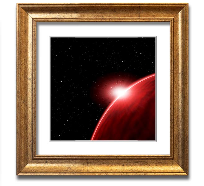 A vibrant Alien Sunrise Square Framed Print showcasing colorful alien landscapes, framed in a stylish border.