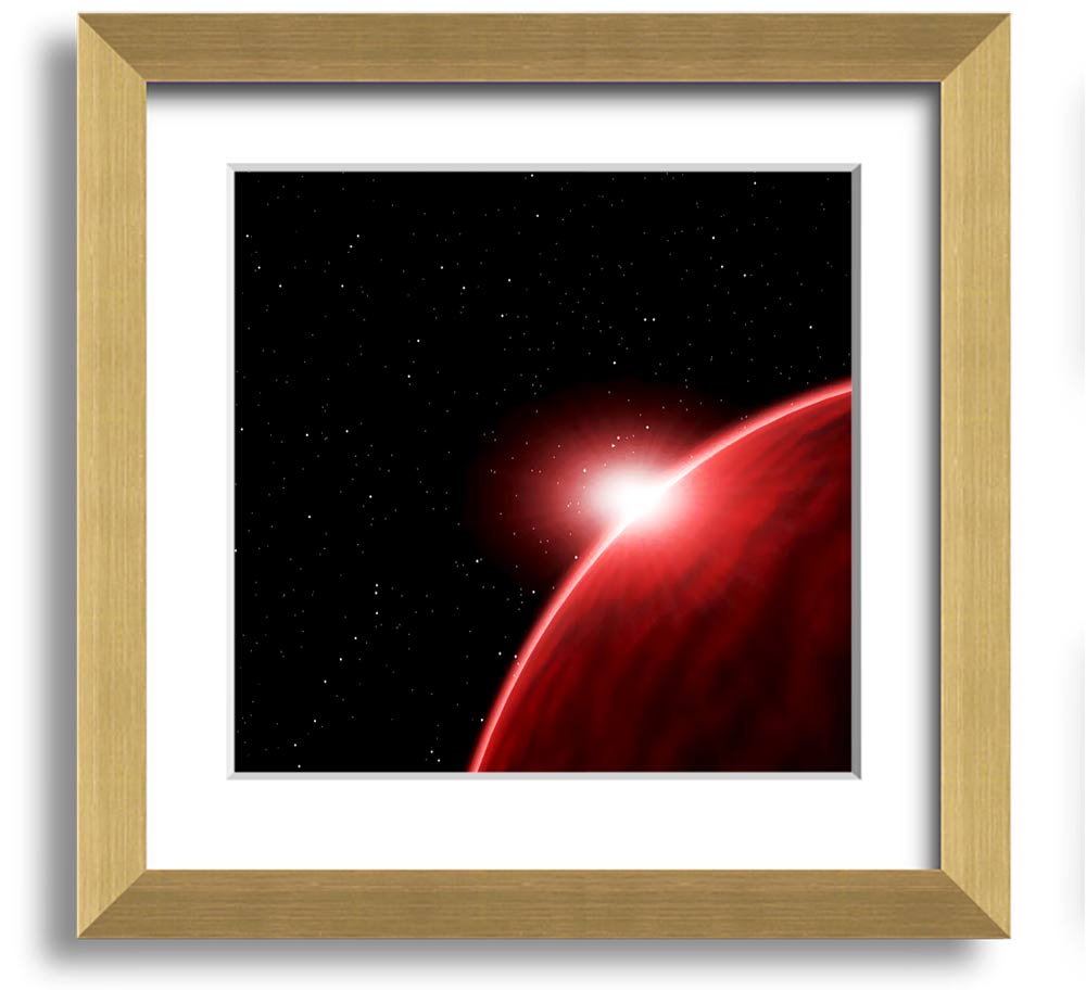 A vibrant Alien Sunrise Square Framed Print showcasing colorful alien landscapes, framed in a stylish border.