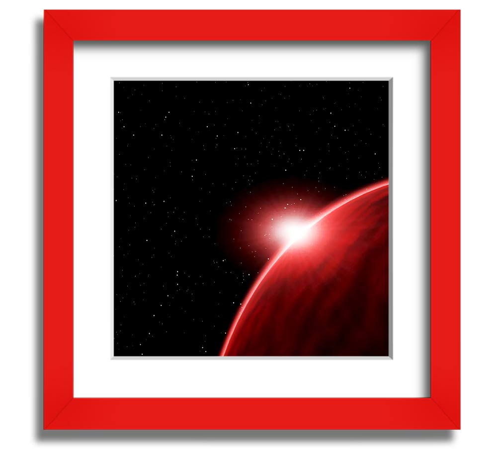 A vibrant Alien Sunrise Square Framed Print showcasing colorful alien landscapes, framed in a stylish border.