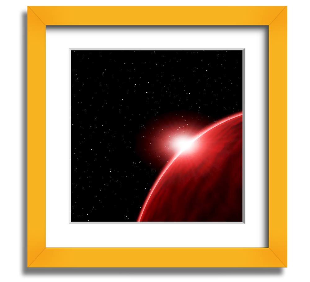 A vibrant Alien Sunrise Square Framed Print showcasing colorful alien landscapes, framed in a stylish border.