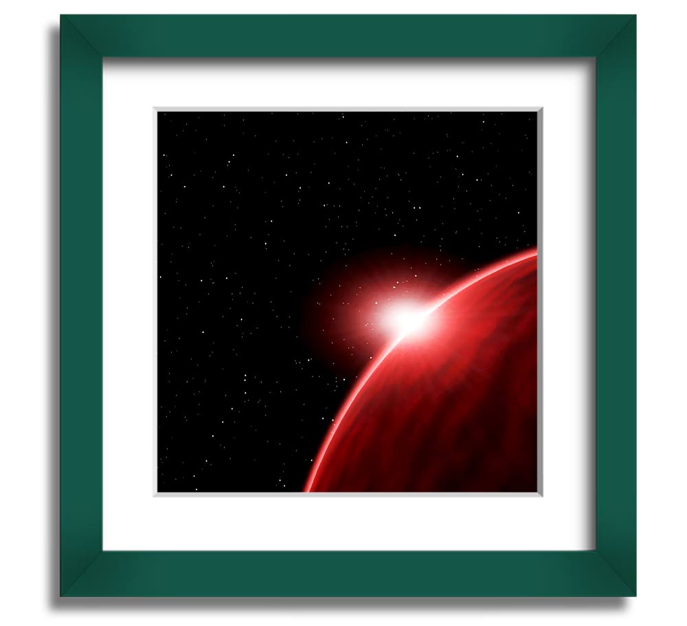 A vibrant Alien Sunrise Square Framed Print showcasing colorful alien landscapes, framed in a stylish border.