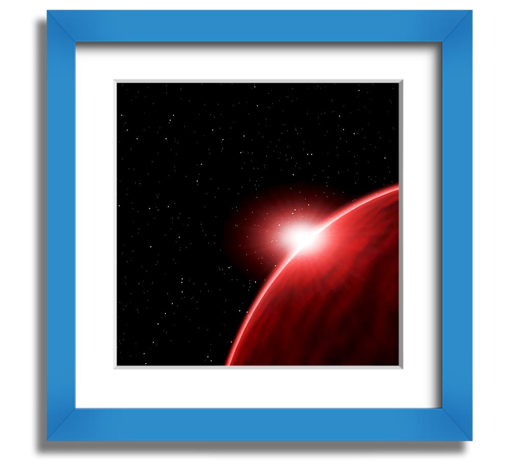 A vibrant Alien Sunrise Square Framed Print showcasing colorful alien landscapes, framed in a stylish border.