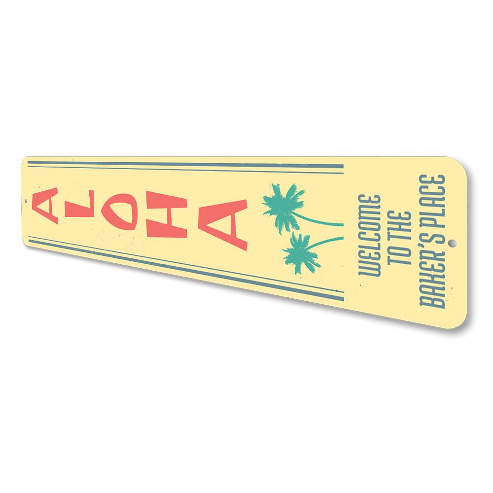 Aloha Vertical Sign made of high-quality aluminum, featuring vibrant colors and a tropical design, perfect for home decor.