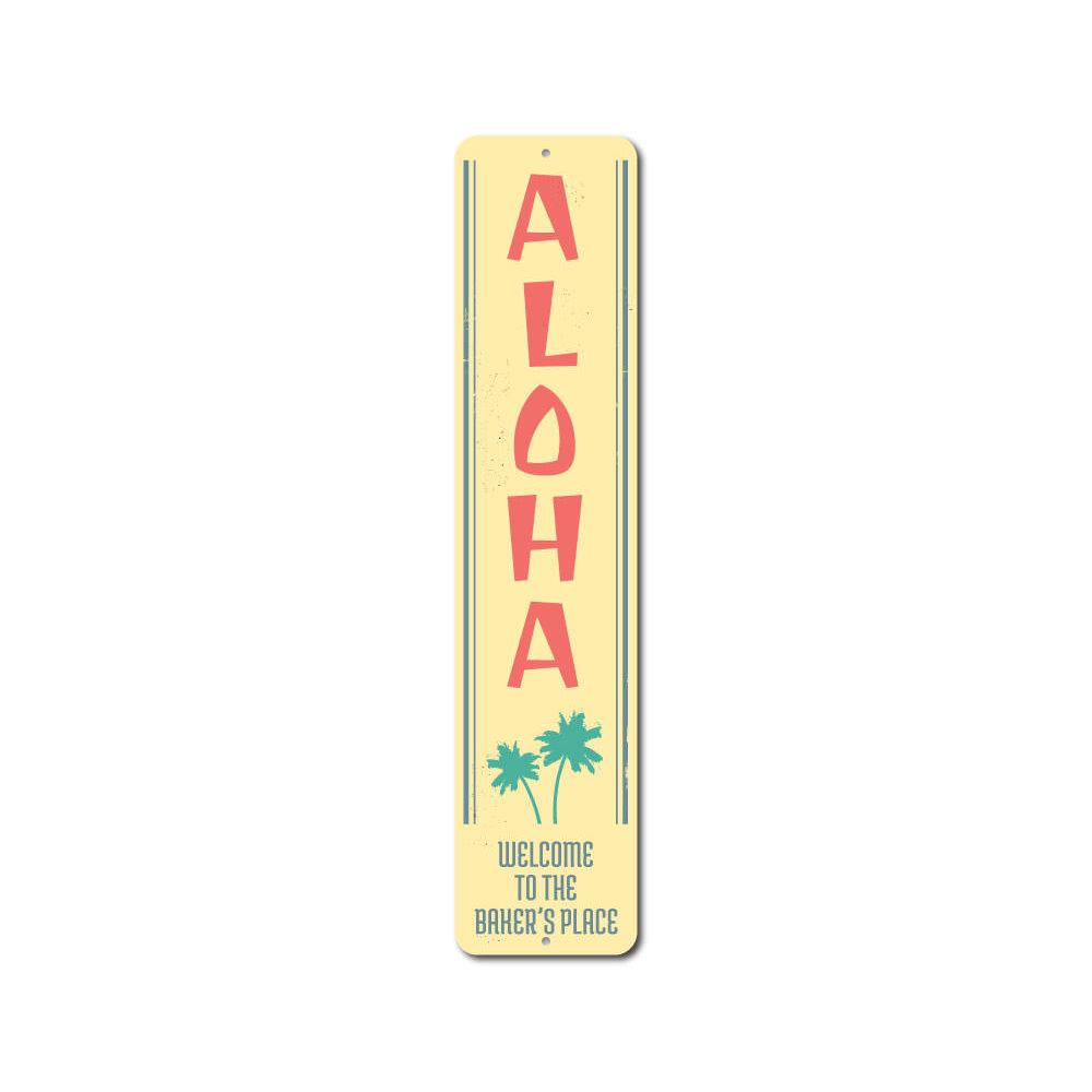 Aloha Vertical Sign made of high-quality aluminum, featuring vibrant colors and a tropical design, perfect for home decor.