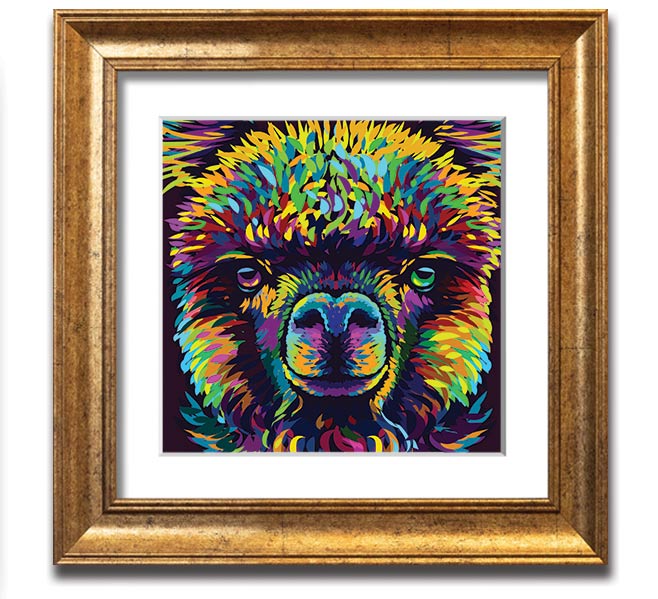 A vibrant square framed print featuring a colorful alpaca design, handmade in the UK, displayed in a stylish frame.