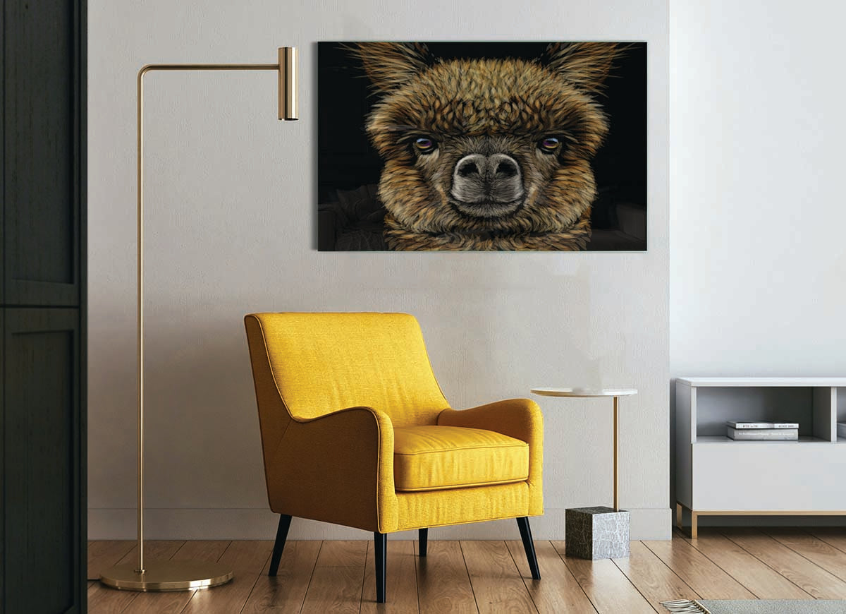 A modern glass print featuring a close-up of an alpaca, showcasing its soft fur and expressive eyes.