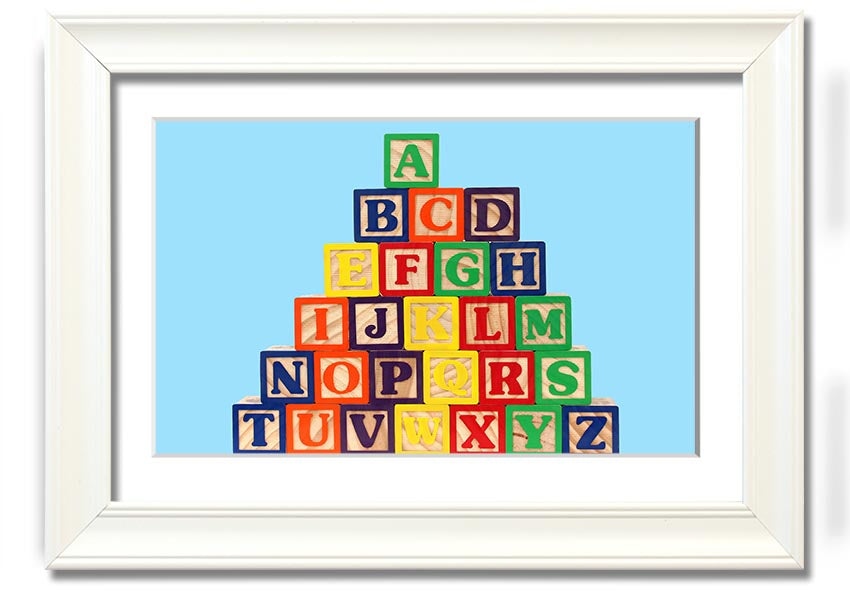 Framed print of Alphabet Blocks in baby blue, showcasing letters in a playful design, ready to hang.