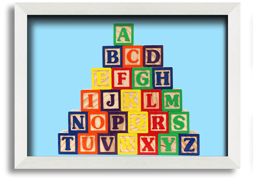 Framed print of Alphabet Blocks in baby blue, showcasing letters in a playful design, ready to hang.