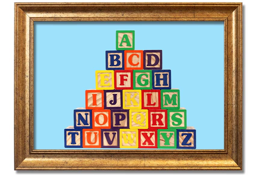 Framed print of Alphabet Blocks in baby blue, showcasing letters in a playful design, ready to hang.