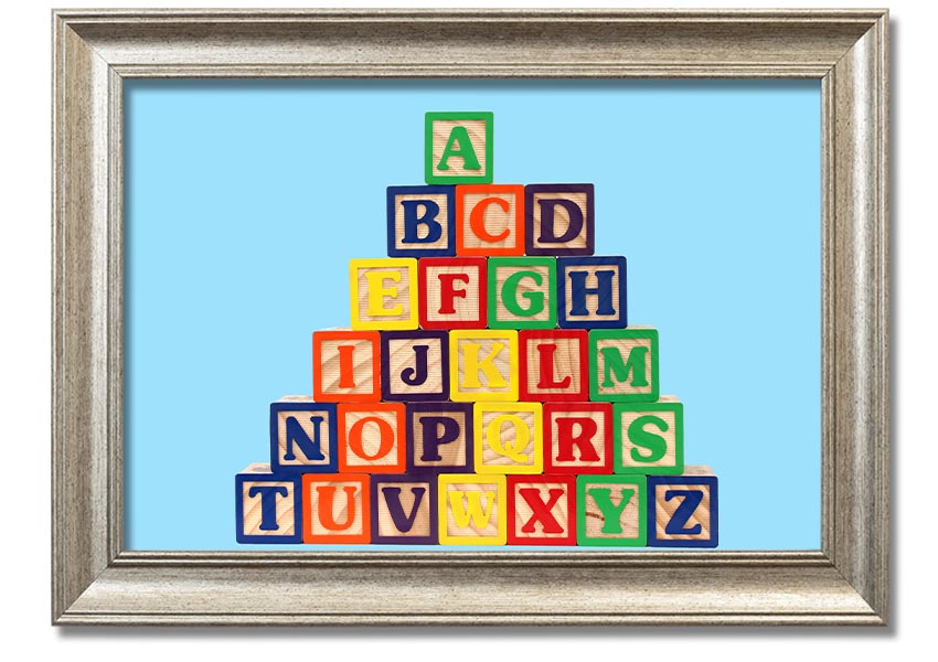 Framed print of Alphabet Blocks in baby blue, showcasing letters in a playful design, ready to hang.