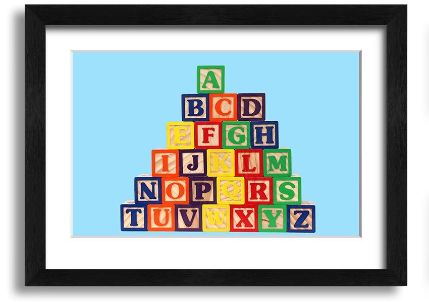 Framed print of Alphabet Blocks in baby blue, showcasing letters in a playful design, ready to hang.