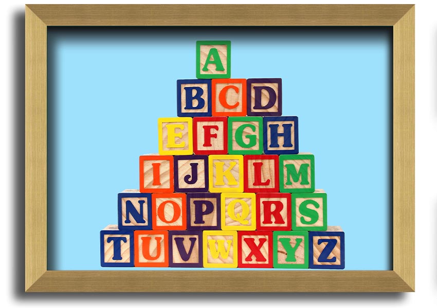 Framed print of Alphabet Blocks in baby blue, showcasing letters in a playful design, ready to hang.