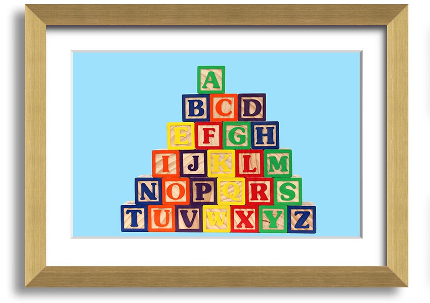 Framed print of Alphabet Blocks in baby blue, showcasing letters in a playful design, ready to hang.