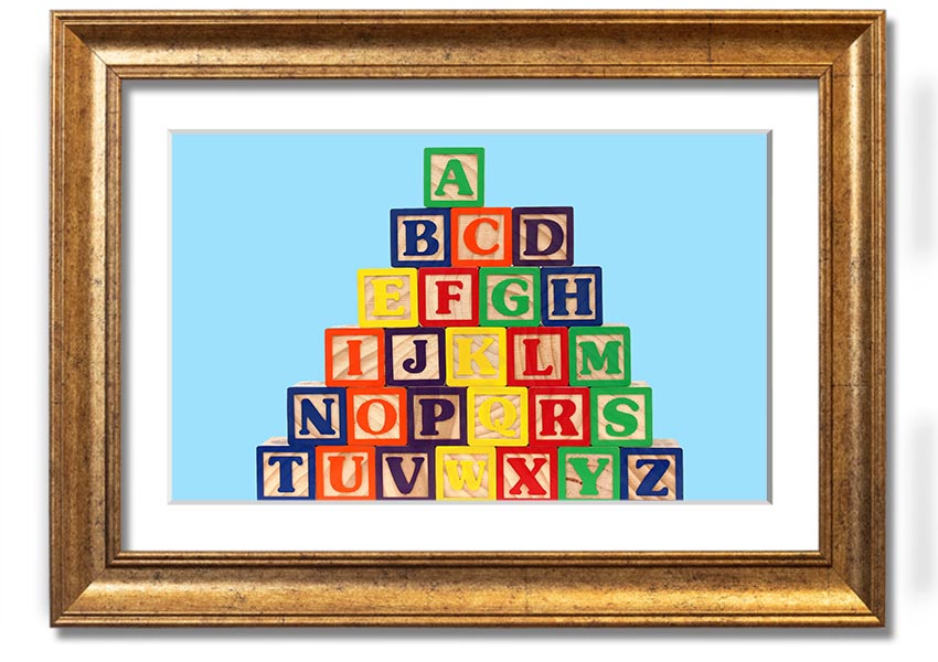 Framed print of Alphabet Blocks in baby blue, showcasing letters in a playful design, ready to hang.
