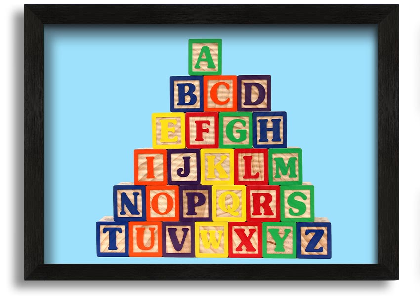 Framed print of Alphabet Blocks in baby blue, showcasing letters in a playful design, ready to hang.