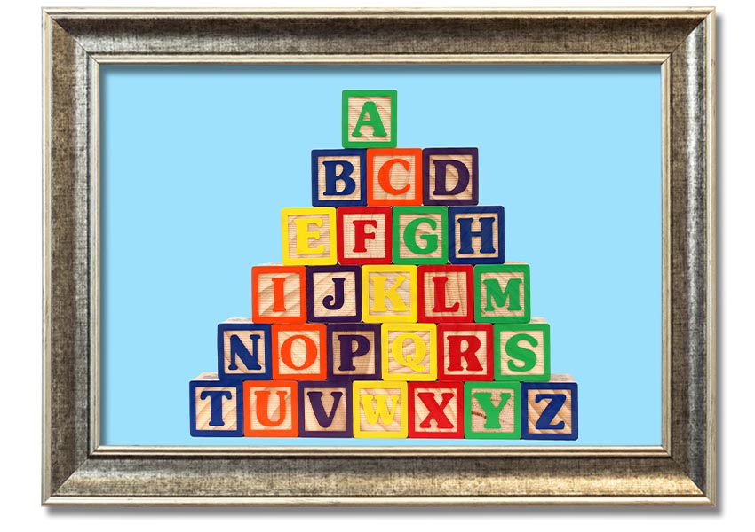 Framed print of Alphabet Blocks in baby blue, showcasing letters in a playful design, ready to hang.