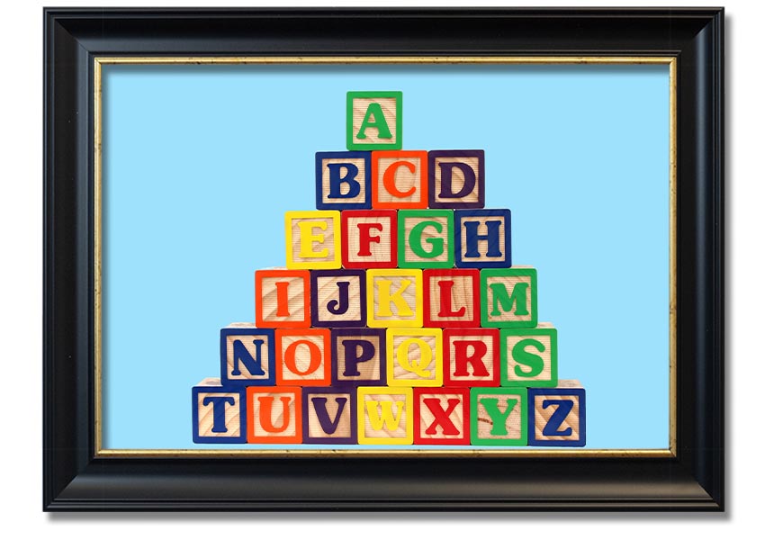 Framed print of Alphabet Blocks in baby blue, showcasing letters in a playful design, ready to hang.