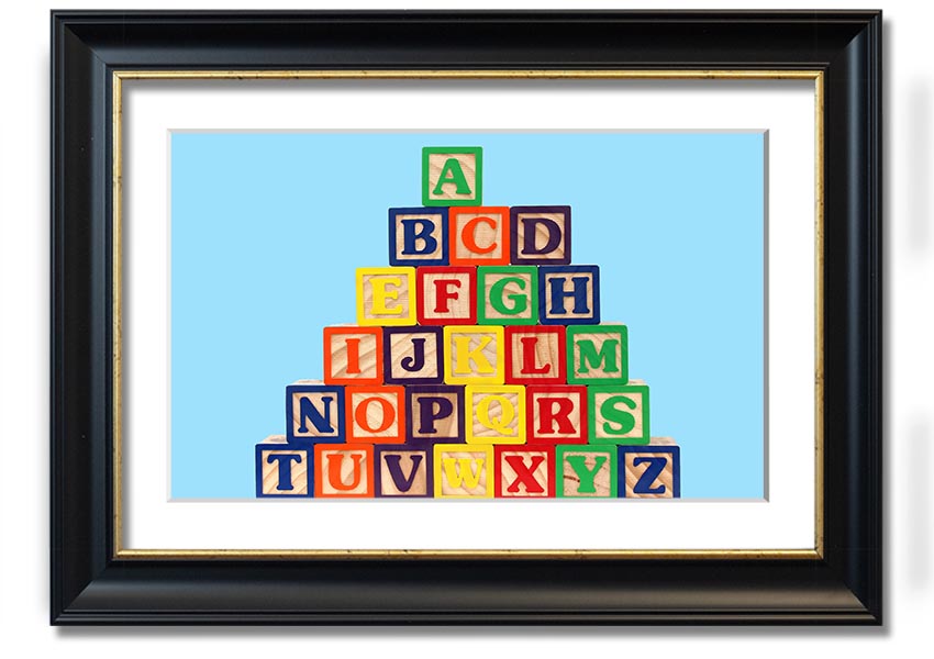 Framed print of Alphabet Blocks in baby blue, showcasing letters in a playful design, ready to hang.