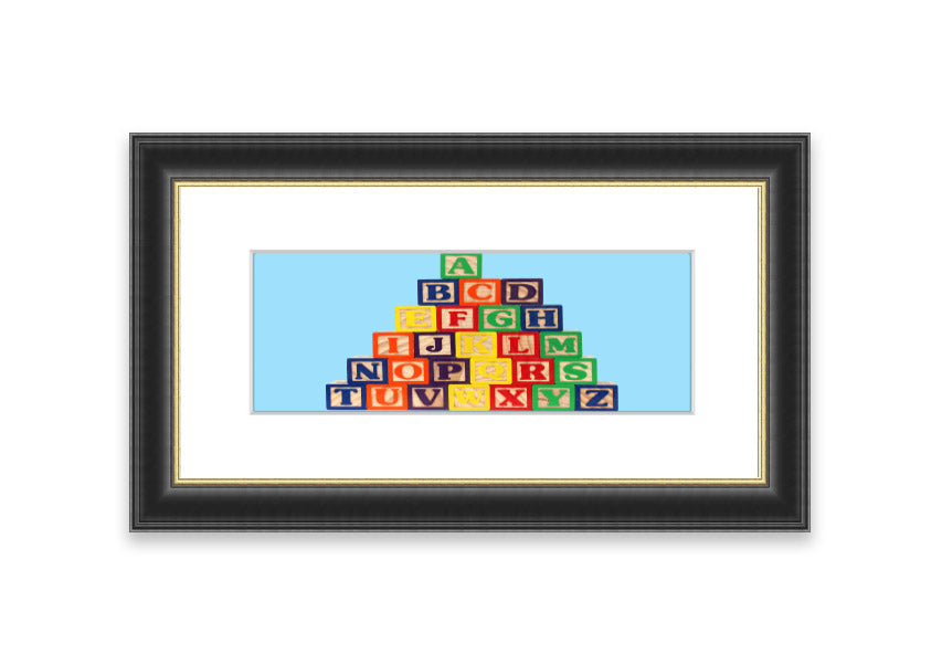 Framed print of Alphabet Blocks in baby blue, showcasing colorful letters, perfect for nursery decor.