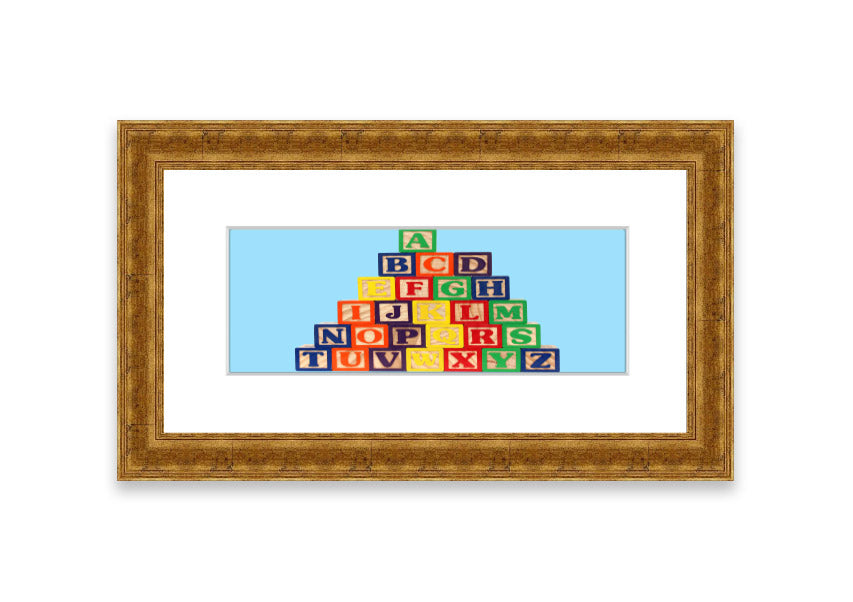 Framed print of Alphabet Blocks in baby blue, showcasing colorful letters, perfect for nursery decor.