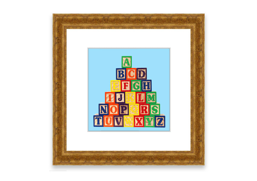 Framed print of Alphabet Blocks in baby blue, showcasing colorful letters, perfect for nursery decor.