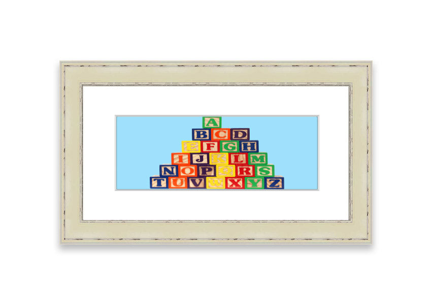 Framed print of Alphabet Blocks in baby blue, showcasing colorful letters, perfect for nursery decor.