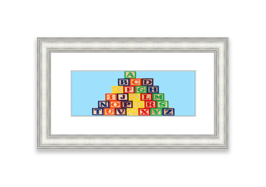 Framed print of Alphabet Blocks in baby blue, showcasing colorful letters, perfect for nursery decor.