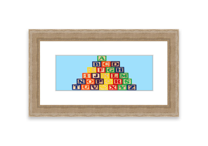 Framed print of Alphabet Blocks in baby blue, showcasing colorful letters, perfect for nursery decor.